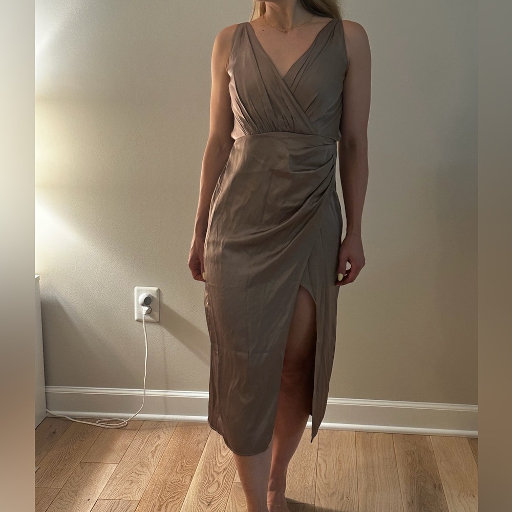 Abercrombie & Fitch Taupe Wrap Midi Dress with Side Slit